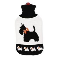 Warmwaterkruik met zachte wit/zwarte honden hoes 2 liter - thumbnail