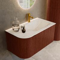 Badmeubel Mondiaz Kurve-Dlux | 85 cm cm | Meubelkleur Ruby | Wastafelkleur Ostra | Solid surface | Wasbak rechter zijde spoelbak | 1 kraangat