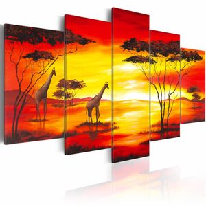 Schilderij - Giraffen met zonsondergang, Afrika, Oranje/Geel, 5luik, print op canvas