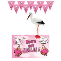 Geboorte baby meisje thema versiering - 4 artikelen - roze - binnen - slingers - vlag - ooievaar