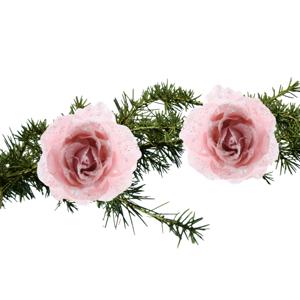 Kerst decoratie roos - 2x stuks - op clip - poeder roze - D14 cm - kunststof - kerstbloem - bloemen