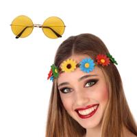 Flower Power verkleed accessoires dames - Bloemen hoofdband - Hippie bril ronde glazen in het geel