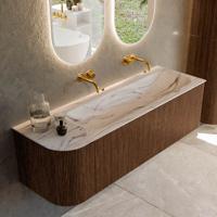 Badmeubel Mondiaz Kurve-Dlux | 145 cm | Meubelkleur Walnut | Wastafelkleur Nata | Solid surface | Wasbak rechter zijde spoelbak | Zonder kraangat(en)
