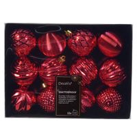 Gedecoreerde kerstballen - 12x st - 6 cm - kunststof - rood