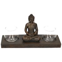 Zittende Boeddha waxinelichthouder op plank zwart 32 cm - thumbnail