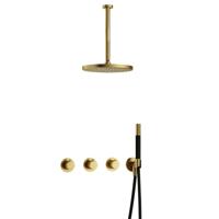 Hotbath Cobber - CB7067 - Inbouw Regendoucheset - Geborsteld Messing PVD - 2 Stopkranen - Thermostatisch - Plafondbuis 30 cm - Hoofddouche 300 mm - Staafhanddouche - met M106 - Waterbesparend