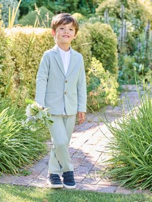 Feestelijke jongensset met overhemd met maokraag en broek blauwgroen