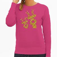 Kersttrui / sweater - dames - gouden rendieren - roze - glitter goud