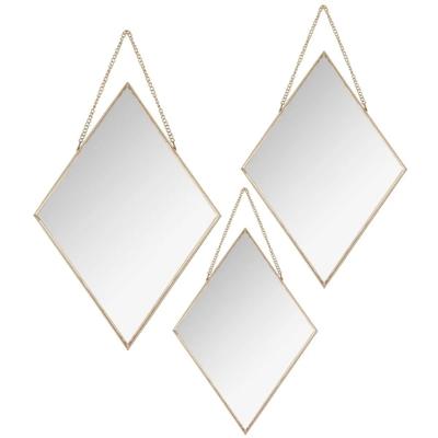 Atmosphera Wandspiegels set - Ruitjes - 3x spiegels - metaal en glas - gouden frames - met ketting