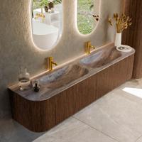 Badmeubel Mondiaz Kurve-Dlux | 190 cm | Meubelkleur Walnut | Wastafelkleur Oza | Solid surface | Wasbak beide zijden spoelbak | 2 kraangaten