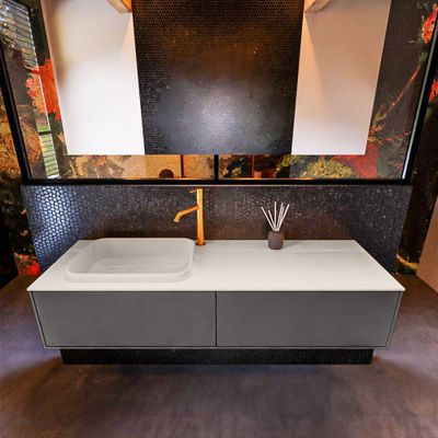 Badkamermeubelset Mondiaz Erin 150 cm met 2 Lades met RIDGE Wastafel Links Linen met 1 kraangat Greeploos Mat Dark Grey