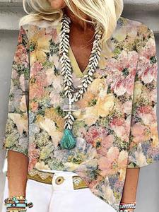 Casual V Neck Floral Loose Shirt