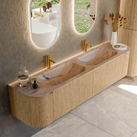 Badmeubel Mondiaz Kurve-Dlux | 190 cm | Meubelkleur Oak | Wastafelkleur Arena | Solid surface | Wasbak beide zijden spoelbak | 2 kraangaten
