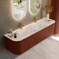 Badmeubel Mondiaz Kurve-Dlux | 170 cm cm | Meubelkleur Ruby | Wastafelkleur Glace | Solid surface | Wasbak beiden zijden spoelbak | 2 kraangaten
