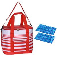 Koeltas draagtas schoudertas rood/wit gestreept met 2 stuks flexibele koelelementen 12 liter - Koeltas - thumbnail