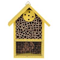 Insectenhotel huisje - geel - 20 cm - dennenhout - hotel voor insecten