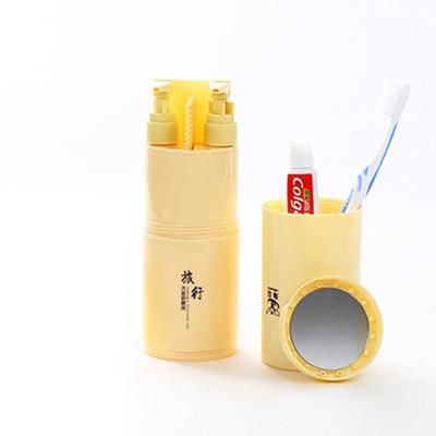 Creatieve 5 in 1 draagbare gorgelen Cup Shampoo fles sub kam Make-up spiegel reizen Wash Kits standaardsets (Khaki)