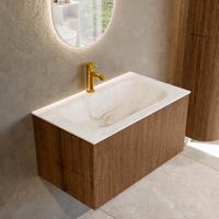 Badmeubel Mondiaz Kurve-Dlux | 80 cm | Meubelkleur Walnut | Wastafelkleur Frappe | Solid surface | Midden spoelbak | 1 kraangat