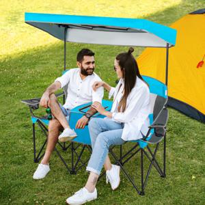 Dubbele Klapstoel met Draagtas 2-Zits Picknickstoel voor Buiten met Afneembare en Verstelbare Luifel Minitafel Koelta voor Camping