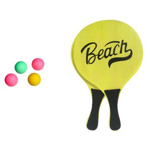 Strand Beachball set - hout - geel - strand sport speelset - met 5x balletjes