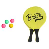 Strand Beachball set - hout - geel - strand sport speelset - met 5x balletjes - thumbnail