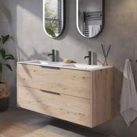 Saqu Lima voorgemonteerd badmeubel met mat zwarte greep incl. matte keramische wastafel 121x46cm naturel eiken