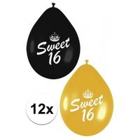 12x Leeftijd versiering 16 jaar ballonnen zwart/goud   -
