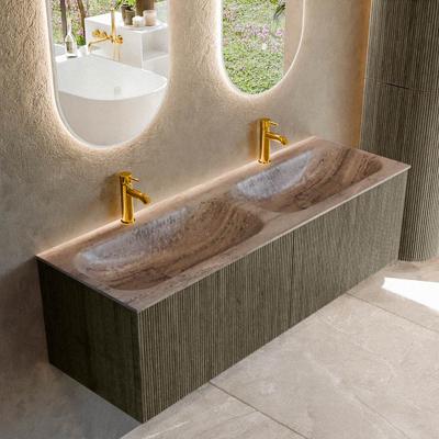 Badmeubel Mondiaz Kurve-Dlux | 140 cm | Meubelkleur Shadow | Wastafelkleur Oza | Solid surface | Wasbak beide zijden spoelbak | 2 kraangaten