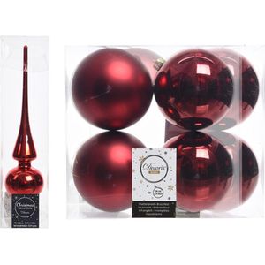 Kerstboom decoratie rood piek en 8x kerstballen 10 cm