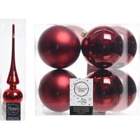 Kerstboom decoratie rood piek en 8x kerstballen 10 cm - thumbnail