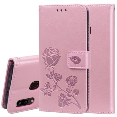 Voor Galaxy A20e ingedrukt afdrukken Rose patroon horizontale Flip PU lederen draagtas met houder & kaartsleuven & portemonnee (Rose goud)