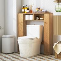 Badkamerplank Boven het Toilet Toiletkast met Dubbele Deur 2 Open Vakken en 4 Verstelbare Planken Vrijstaand Opbergrek Natuurlijk