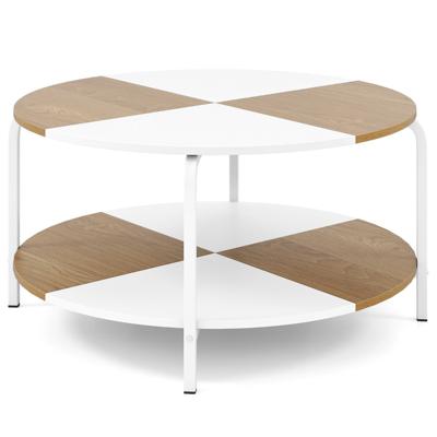 Ronde Salontafel Salontafel met 2 Niveaus en Opbergplank Theetafel Bijzettafel van Hout met Metalen Frame