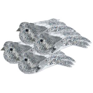 4x stuks kunststof decoratie vogels op clip zilver met pailletten 15 cm