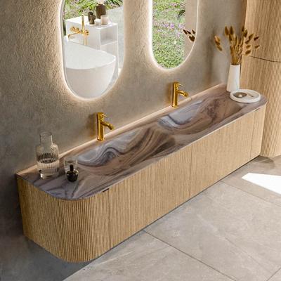 Badmeubel Mondiaz Kurve-Dlux | 190 cm | Meubelkleur Oak | Wastafelkleur Sombra | Solid surface | Wasbak beide zijden spoelbak | 2 kraangaten
