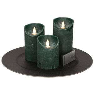 Ronde kaarsenplateau zwart van kunststof D33 cm met 3 groene LED-kaarsen 10/12,5/15 cm