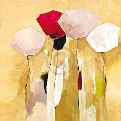 Kunstdruk Anne L. Strunk - White flowers with red 1 98x98cm