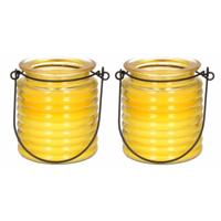 Citronellakaars - 2x - in geel geribbeld glas - 8 cm - insecten verjagen - buitenkaars