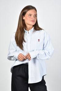 Ami Paris gestreepte blouse ADC Boxy met rood geborduurd logo blauw