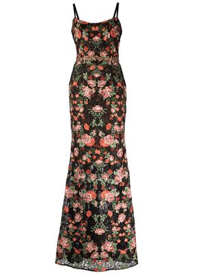 Marchesa Notte robe longue à fleurs brodées - Noir