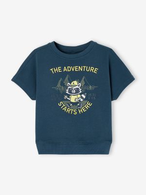 Avontuurlijk fleece t-shirt voor jongens met fluorescerende details petrolblauw