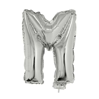 Zilveren opblaas letter ballon M op stokje 41 cm