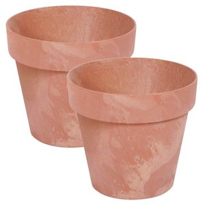 Set van 2x stuks kunststof bloempotten/plantenpotten betonlook 17 cm terracotta - Plantenpotten