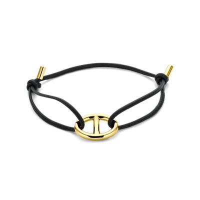 Zwarte Leren Armband met 18k Gouden Marine Schakel - 15-26 cm Verstelbaar