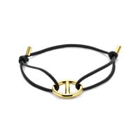 Zwarte Leren Armband met 18k Gouden Marine Schakel - 15-26 cm Verstelbaar