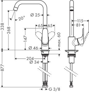 Hansgrohe Focus E2 keukenkraan met hoge draaibare uitloop instelbaar 110 150 en 360 RVS look 31820800