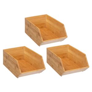 Stapelbare opbergmand 1 vaks - 3x - L18 x B31 x H12 cm - bamboe hout - lichtbruin - organizer