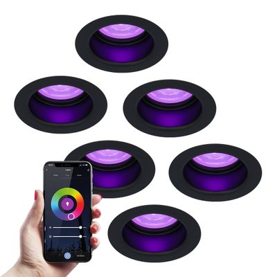 HOFTRONIC SMART 6x Mari smart LED inbouwspot verzonken - 5.5 Watt - RGBWW - WiFi+BLE - Verwisselbare GU10 - Dimbaar - voor binnen en buiten - Zwart
