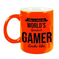 Worlds Greatest Gamer cadeau koffiemok / theebeker neon oranje 330 ml