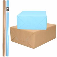 4x Rollen kraft inpakpapier/kaftpapier pakket bruin/lichtblauw 200 x 70 cm - Cadeaupapier